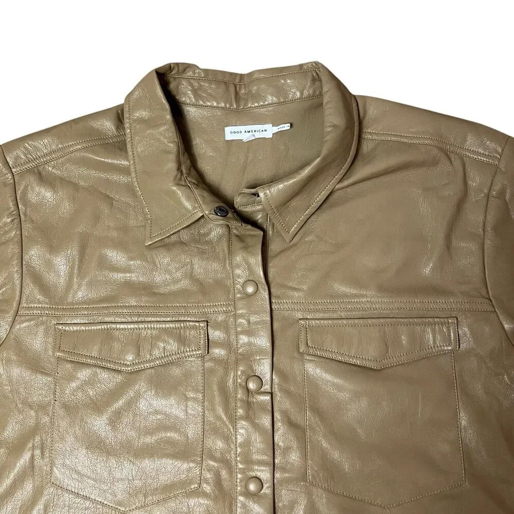 Good American Faux Leather Shirt Jacket Tan‎ Womens 7 Snap Front Overshirt